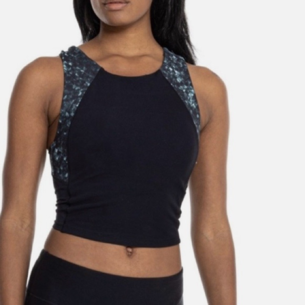 Spyder Women's Black and Patterned razor back sports bra.